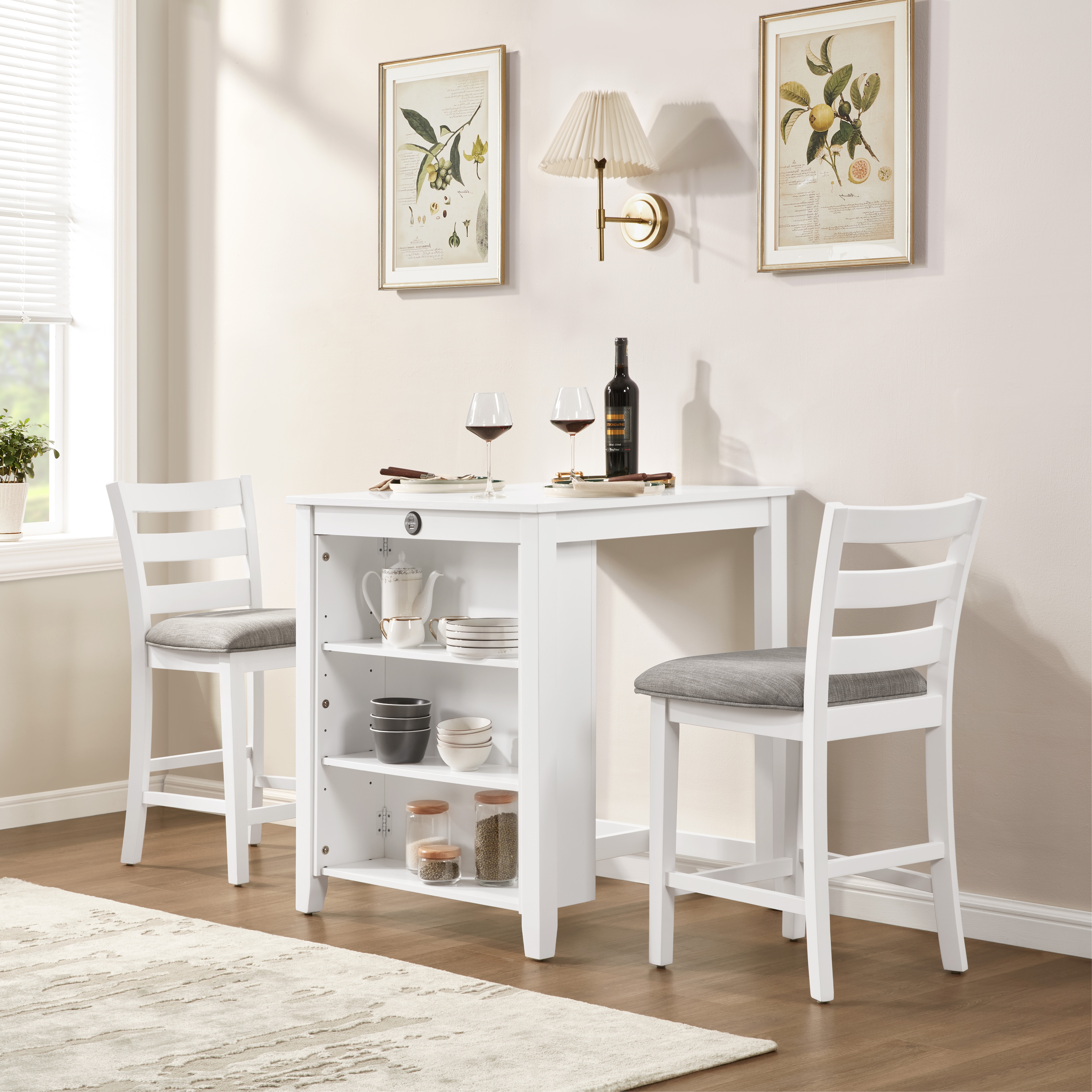 30" Modern Dining Table Set For 2 With Charging Station & 3-Tier Adjustable Storage | Space-Saving Kitchen Set With Upholstered Chairs For Small Spaces, Apartment,White_voghion.com